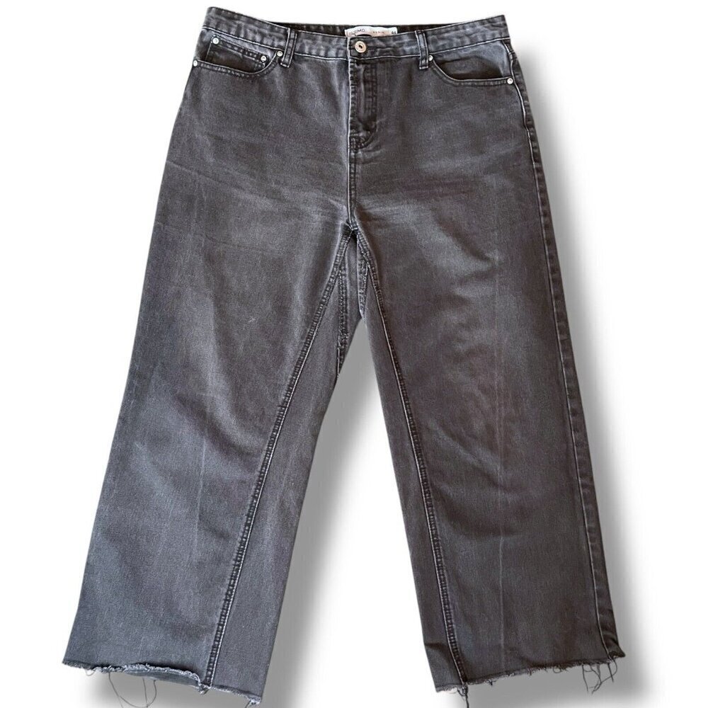 Issimo Womens Jeans Sz 44 34" Waist Black Wash Denim Wide Leg Raw Hem Crop